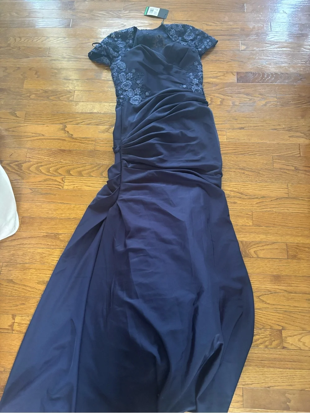 La Femme Navy Blue Lace Back Satin Trumpet Gown Size 6